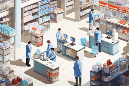 A diverse group of individuals stands together outside a retail store, harmacists checking inventory at hospital pharmacy, AI Generatedの素材