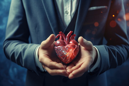 An elegant man in a formal suit clasping a vibrant, red heart tenderly in his hands, heart in mans hand illness Cardiovascular diseases, AI Generatedの素材