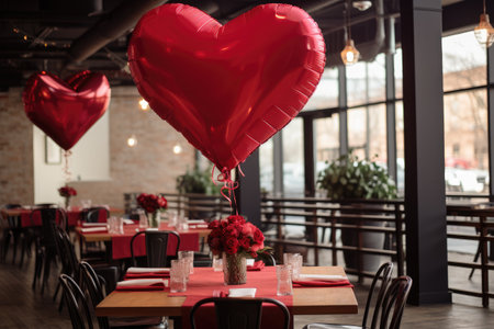 A heart-shaped balloon resting on top of a table, creating an atmosphere of love and celebration, Heart balloon floating above a Valentine's Day brunch setup, AI Generatedの素材