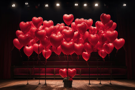 A colorful display of red heart shaped balloons adorns a stage, setting the mood for an exciting and love-filled event, Heart balloons serving as props in a romantic theatre play, AI Generatedの素材