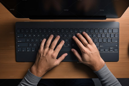 An image of a person engaged in focused keyboard typing, working diligently on a computer, High-angle view of male hands typing on a computer keyboard while working in an office, AI Generatedの素材