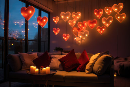 A cozy living room illuminated by an abundance of heart shaped lights creating a warm, romantic atmosphere, Heart-shaped lights illuminating a cosy room, AI Generatedの素材