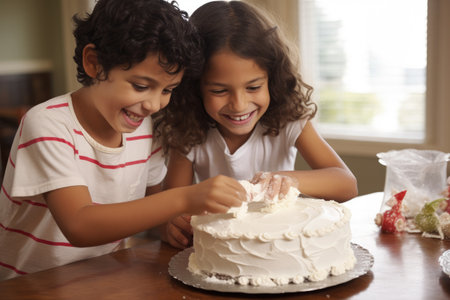 A group of kids happily stand together in front of a beautifully decorated cake, ready to celebrate, Hispanic children decorating a cake with whipped cream, AI Generatedの素材