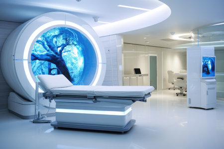 A hospital room with a tree in the window, providing a healing environment with calming natural light, High-tech modern CT scan room in the modern hospital, AI Generatedの素材
