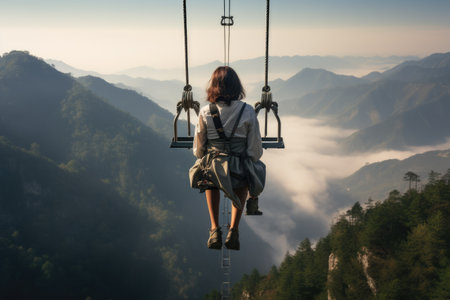 A woman peacefully sits on a swing against the backdrop of majestic mountains, Hiker woman riding a trolley zipline on the mountain, no visible faces, AI Generatedの素材