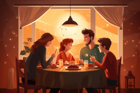 A diverse group of individuals sitting together at a dinner table, enjoying a meal and engaging in conversation, holidays and people concept - happy family having dinner party at home, AI Generatedの素材
