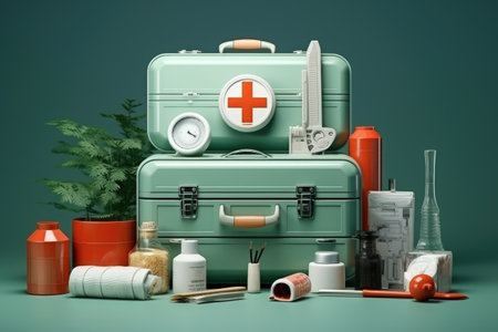 Green Suitcase With Red Cross, Medical Emergency Travel Bag for First Aid Supplies, Home pharmacy, first aid kit concept with medical bandages, pills, thermometer and inhalator, AI Generatedの素材