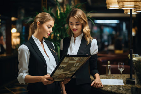 Two women standing in a restaurant, both concentrating on a menu as they make their dining choices, Hostesses talking, looking at seating chart in restaurant, AI Generatedの素材