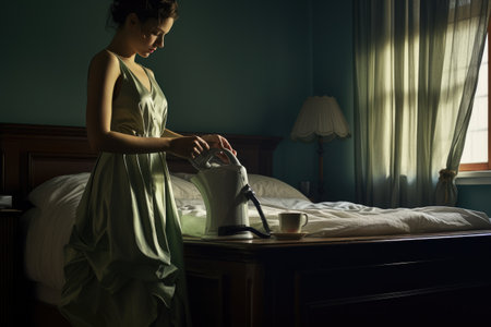 A woman in a dress is efficiently ironing a bed, demonstrating an easy way to keep your linens wrinkle-free, Housemaid wiping bedside table in the bedroom, AI Generatedの素材