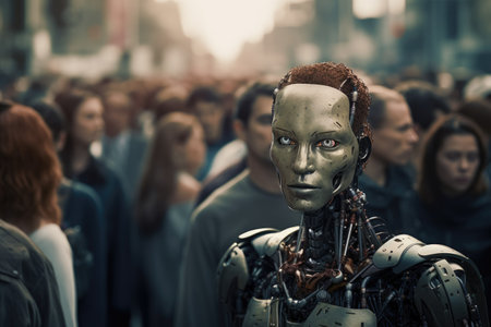 A large group of people walk down a busy street, surrounded by buildings and bustling with activity, Humanoid robot observed in a crowd, presented in a toned 3D rendering image, AI Generatedの素材