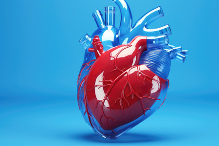 Blue and Red Heart on Blue Background, Love and Passion Collide, Human heart displayed on a blue background, 3D rendering, 3D illustration, AI Generatedの素材