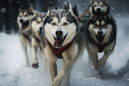 A pack of husky dogs charging through the snow-covered landscape with excitement and energy, Husky sled dogs racing in a winter competition, pulling a sled with the musher, AI Generatedの素材