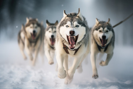 A pack of energetic Husky dogs joyfully running together in a snowy landscape, Husky sled dogs racing in a winter competition, pulling a sled with the musher, AI Generatedの素材