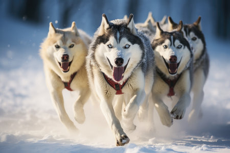 Group of Husky Dogs Running Snow Cold Winter Outside Play Team Musher Sled, Husky sled dogs racing in a winter competition, pulling a sled with the musher, AI Generatedの素材