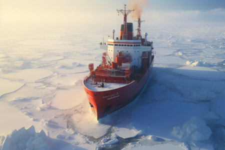 A massive red and white boat making its way across a frozen lake, Icebreaker ship making its way through the frozen Arctic Ocean, AI Generatedの素材