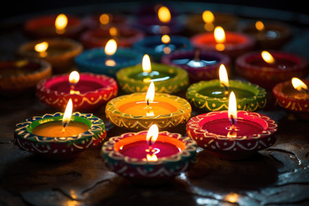 A vibrant assortment of candles transforms a tabletop into a blaze of color, Indian festival Diwali, oil lamps lit on colorful rangoli, Hindu tradition, AI Generatedの素材
