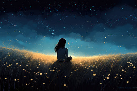 A girl peacefully sits in a field as she gazes up at the sparkling stars above, Illustration of a girl sitting in a flower field under a starfield sky, AI Generatedの素材