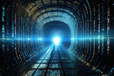 A tunnel illuminated by a glowing light at its end, symbolizing a pathway of brightness, hope, and escape through a transformative journey, Infinity tunnel with cascading binary code, AI Generatedの素材