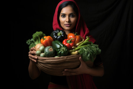 A woman stands outdoors holding a basket filled with a variety of fresh vegetables, Indian woman holding full of vegetables bag in hand, AI Generatedの素材