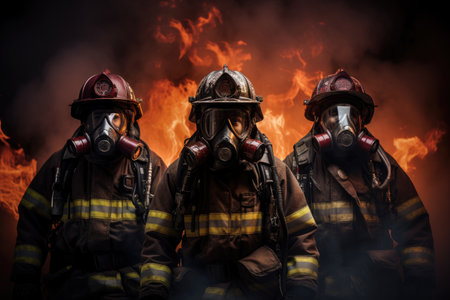 Three Fire Fighters Standing in Front of a Fire, Inferno Protectors, A group of masked firefighters bravely battles towering flames, showcasing their commitment to saving lives, AI Generatedの素材