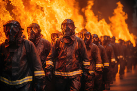 Group of Firefighters Approaching Massive Blaze, Inferno Protectors, A group of masked firefighters bravely battles towering flames, showcasing their commitment to saving lives, AI Generatedの素材