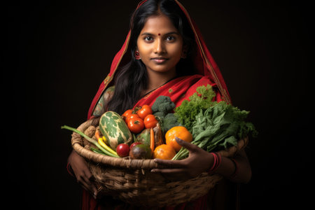 Woman Holding Basket of Fresh Vegetables in Garden for Cooking and Meal Preparation, Indian woman holding full of vegetables bag in hand, AI Generatedの素材