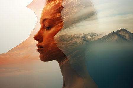 A womans face is captured with majestic mountains serving as a stunning backdrop, Interplay of sharp and blurred boundaries showcasing life's dualities, AI Generatedの素材