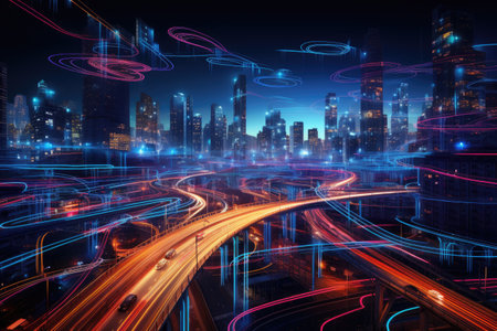 An illuminated urban city with a high volume of vehicles moving through busy streets during the night, Intertwined neon highways symbolizing advanced data transfers, AI Generatedの素材