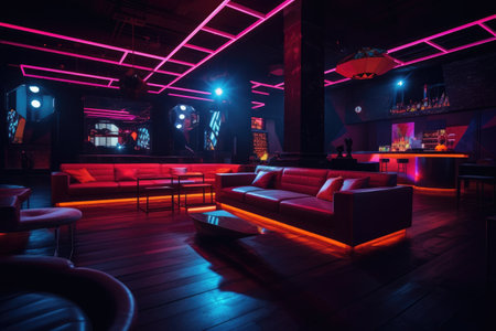 Dimly Lit Room With Couches and Tables, Interior of a night club with bright lights and stylish couches, The night club is decorated with colorful cocktail tables, AI Generatedの素材