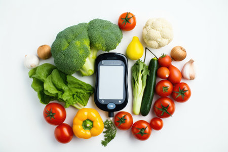 Cell Phone Surrounded by Fresh and Colorful Fruits and Vegetables, In the healthy eating concept, a glucose meter, fresh vegetables, and a stethoscope are arranged on a white background, AI Generatedの素材