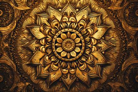 A stunning golden flower stands out against a captivating black backdrop, creating a vibrant and striking visual composition, Intricate mandala pattern in rustic gold, AI Generatedの素材