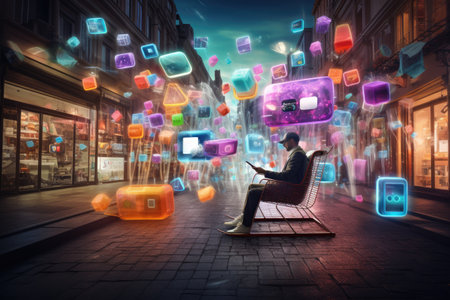 Man Sitting in Chair on City Street, Urban Relaxation and Observations, Join the social commerce revolution for dynamic shopping experiences, AI Generatedの素材