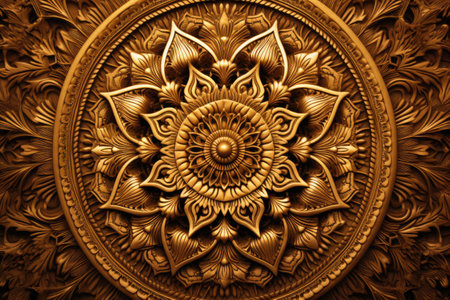 A stunning golden flower design adorns a wall, adding a touch of elegance to any space, Intricate mandala pattern in rustic gold, AI Generatedの素材