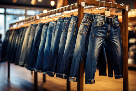 A variety of different styles and sizes of jeans neatly arranged on shelves in a clothing store, Jeans hanging on hangers in the store, AI Generatedの素材