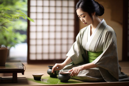 A woman dressed in a traditional kimono delicately holds a bowl in her hands, Japanese Female Preparing Matcha Green Tea at Home While Sitting on a Tatami Floor, AI Generatedの素材