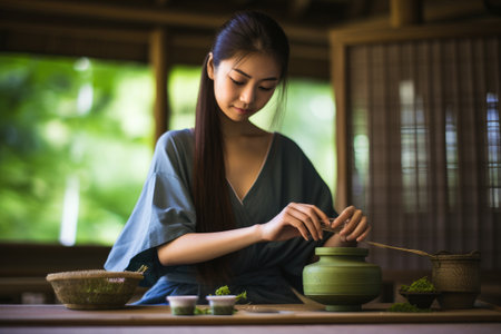 A woman is seated at a table, enjoying a meal from a bowl of food, Japanese Female Preparing Matcha Green Tea at Home While Sitting on a Tatami Floor, AI Generatedの素材