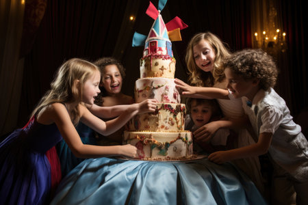 Children stand together excitedly as they gather around a sizeable cake to celebrate a special occasion, Kids Unleash Fun and Frolic Around the Cake Table, AI Generatedの素材