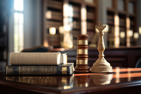 A traditional wooden chess set resting on a smooth wooden table, representing strategic gameplay, judge gavel and books, Law firm courtroom, Office space for legal work, AI Generatedの素材
