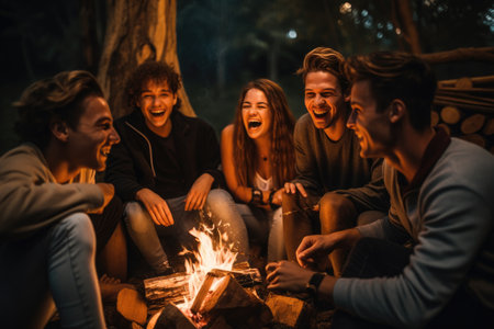 A group of friends sitting together, laughing and enjoying a delightful evening around a cozy campfire, Joyous group of millennials laughing and bonding around a campfire, AI Generatedの素材