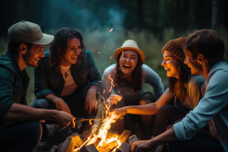 Group of People Sitting Around Campfire Sharing Stories and Enjoying Nature, Joyous group of millennials laughing and bonding around a campfire, AI Generatedの素材