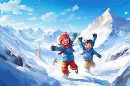 A pair of joyful children engage in winter activities, relishing the snowy landscape as they play with snow and build a snowman, Kids have winter fun sport activities in snowy mountains, AI Generatedの素材