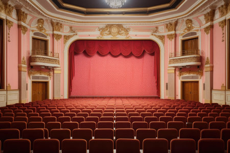 An atmospheric image capturing the timeless grace of an empty theater adorned with red seats and a majestic chandelier, Konferenz Saal, AI Generatedの素材