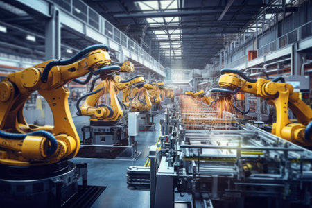 A factory in which robots are busy working on various machines to increase production efficiency, Large Production Line with Industrial Robot Arms at Modern Bright Factory, AI Generatedの素材