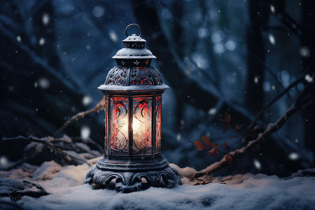 A solitary lantern rests on the pristine white snow, casting a soft glow in the cold winter night, lantern in the snow, AI Generatedの素材