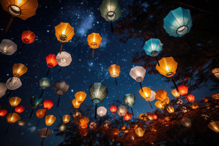A beautiful spectacle of numerous lanterns floating in the air, creating a breathtaking sight, Lanterns lighting up the night sky during a mid-autumn festival, AI Generatedの素材