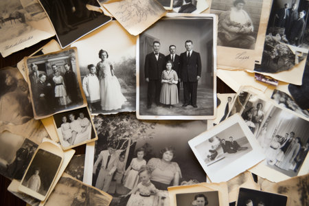 Collection of Vintage Black and White Photographs, Nostalgic Memories Captured Throughout Time, Laid out collection of black and white family photographs, AI Generatedの素材
