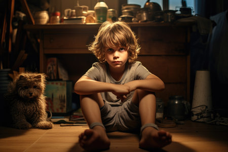 A young boy peacefully sits on the floor next to his loyal companion, a dog, little boy sits on the floor at home, AI Generatedの素材