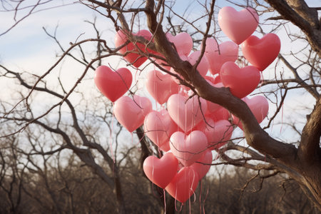 Heart-shaped Balloons Hanging From a Tree in a Festive Display, Love heart balloons caught in tree branches, creating an abstract valentine art, AI Generatedの素材