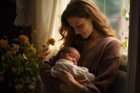A touching image capturing the tender moment of a mother holding her precious newborn baby close to her chest, Loving mom carying of her newborn baby at home, AI Generatedの素材