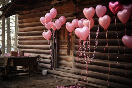 A man holding a pink heart-shaped balloon stands in front of a rustic log cabin, Love heart balloons decorating a cozy, rustic cabin, AI Generatedの素材